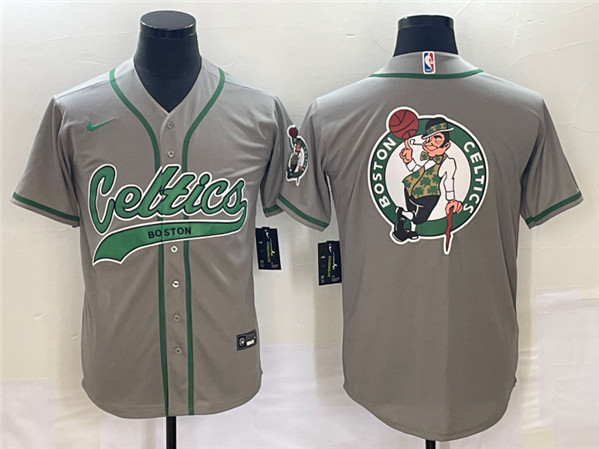 Men's Boston Celtics Gray Team Big Logo With Patch Stitched Baseball Jersey